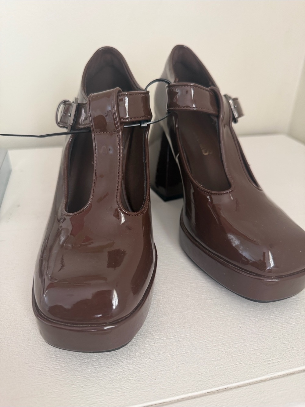Dream Pairs Women's Patent T-Strap Platform Heels in Dark Brown